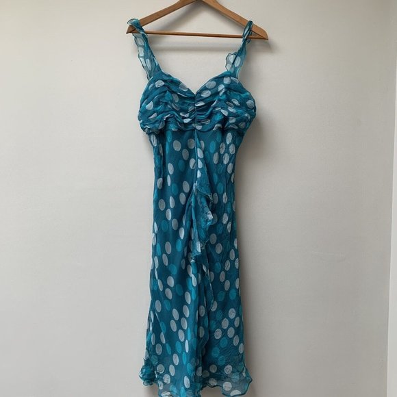 Y2K Silk Midi Dress Fits UK 12 Bias Cut Sleeveless Party With Cover Up Teal Spot - Picture 2 of 12